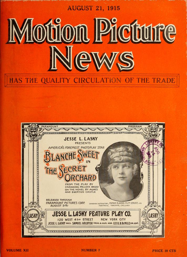 MOTION PICTURE NEWS magazine side cover 21 August 1915