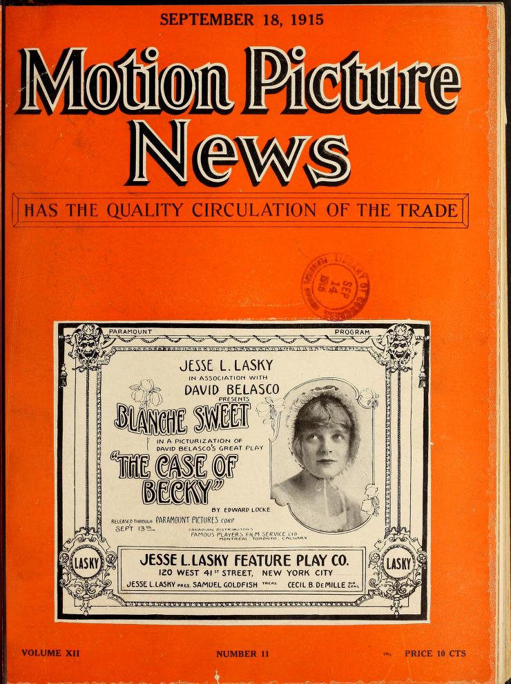 MOTION PICTURE NEWS magazine side cover 18 September 1915