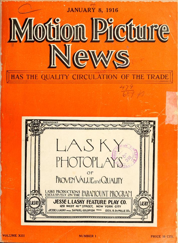 MOTION PICTURE NEWS magazine side cover 8 January 1916