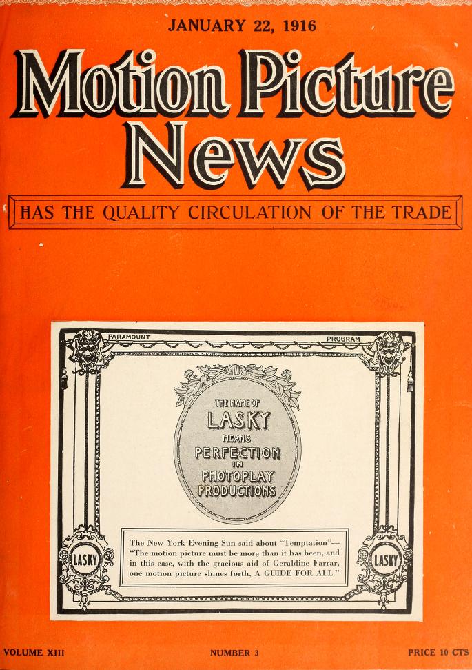 MOTION PICTURE NEWS magazine side cover 22 January 1916