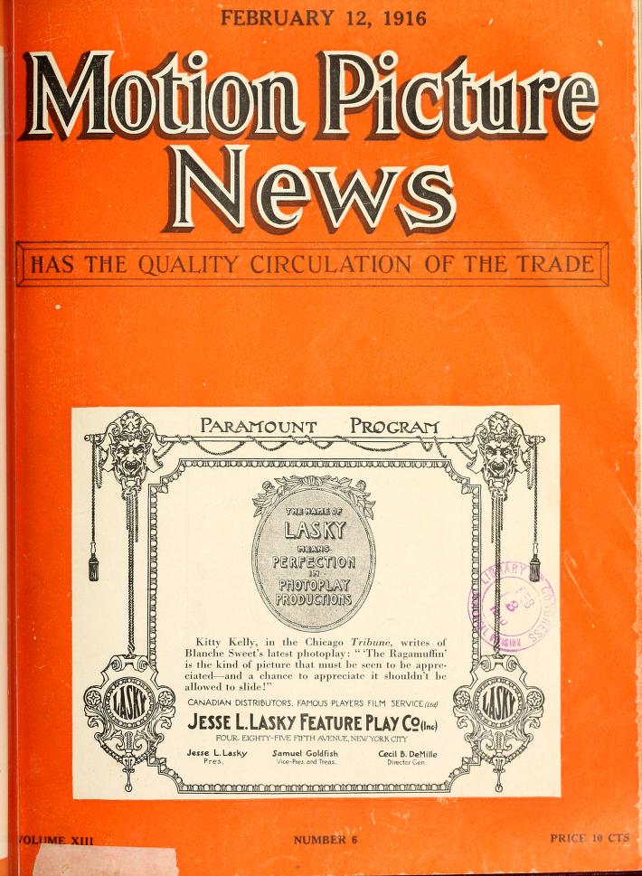 MOTION PICTURE NEWS magazine side cover 12 February 1916