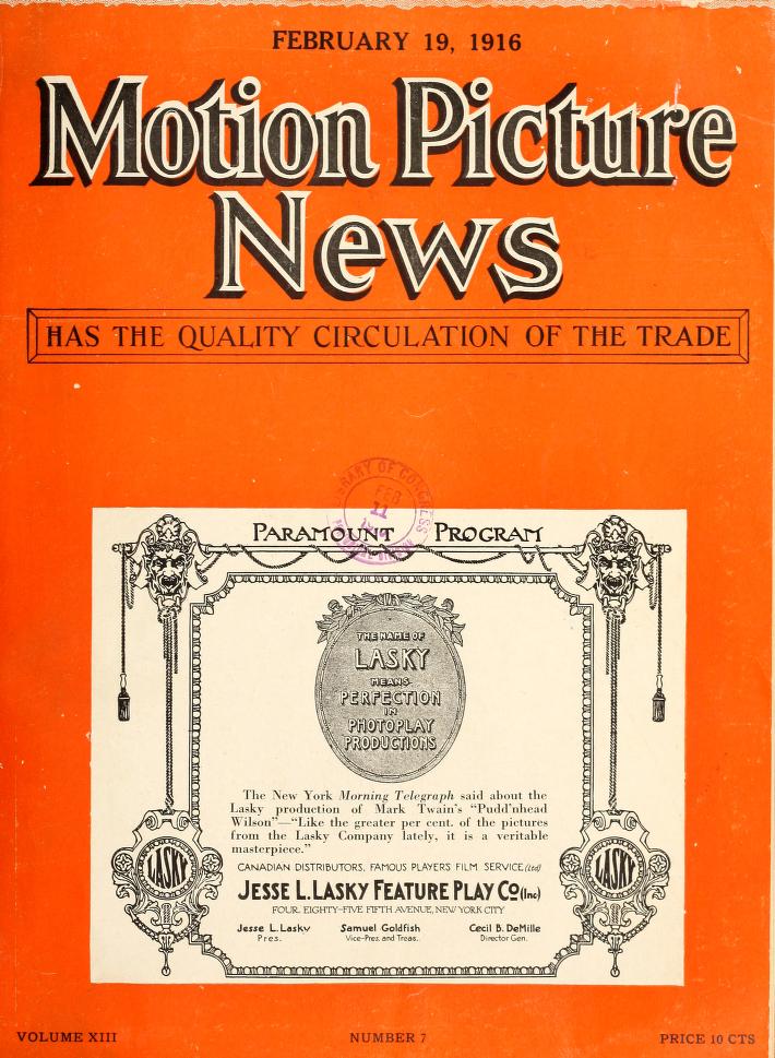 MOTION PICTURE NEWS magazine side cover 19 February 1916