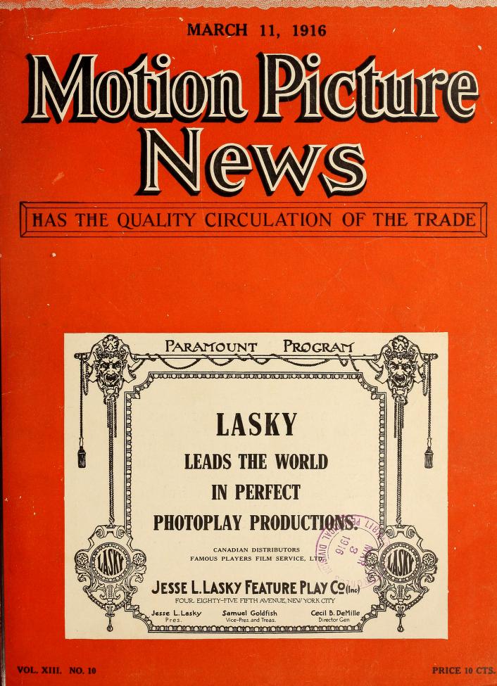 MOTION PICTURE NEWS magazine side cover 11 March 1916