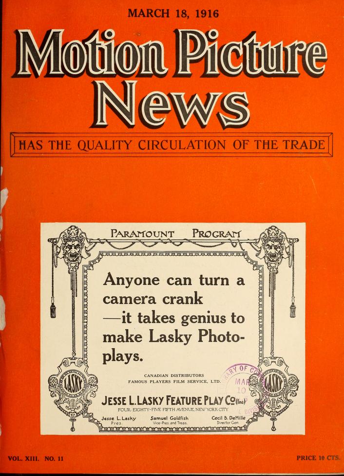 MOTION PICTURE NEWS magazine side cover 18 March 1916