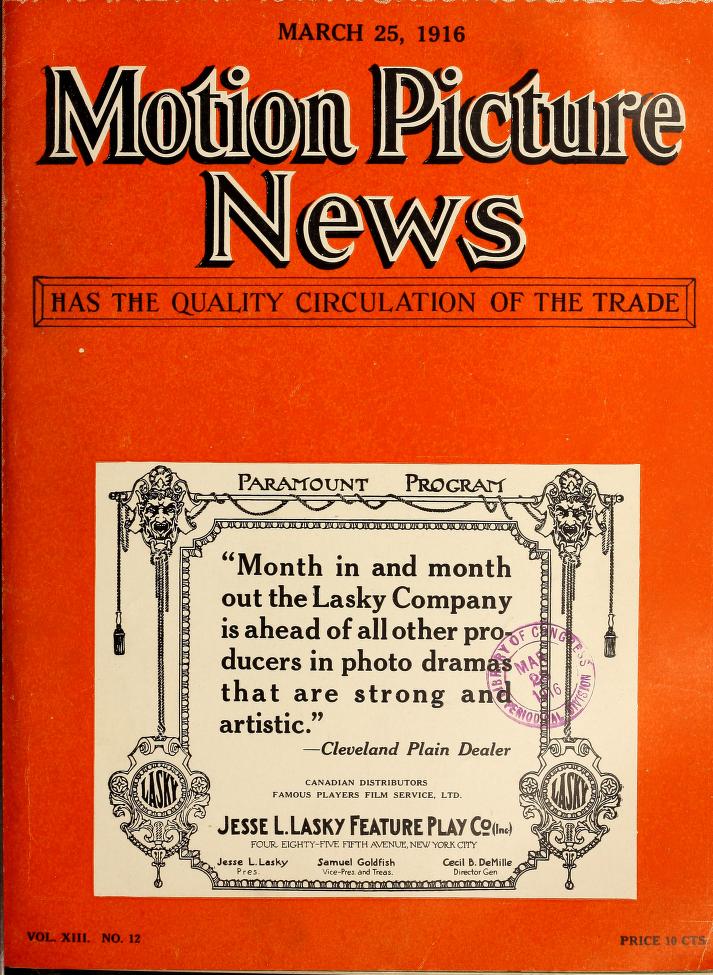 MOTION PICTURE NEWS magazine side cover 25 March 1916