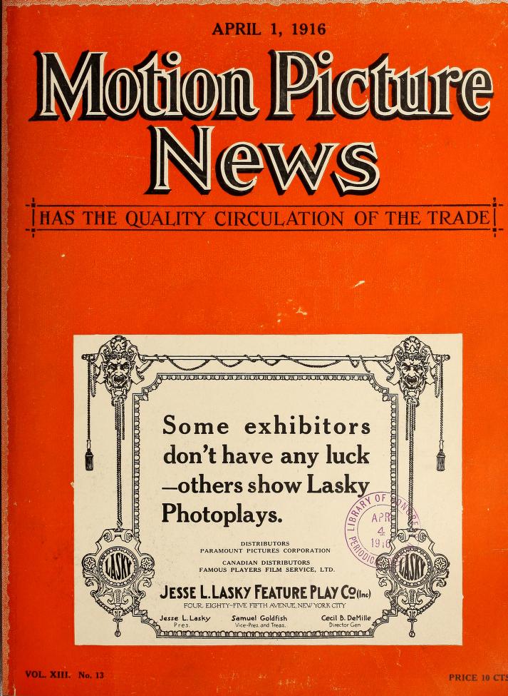 MOTION PICTURE NEWS magazine side cover 1 April 1916