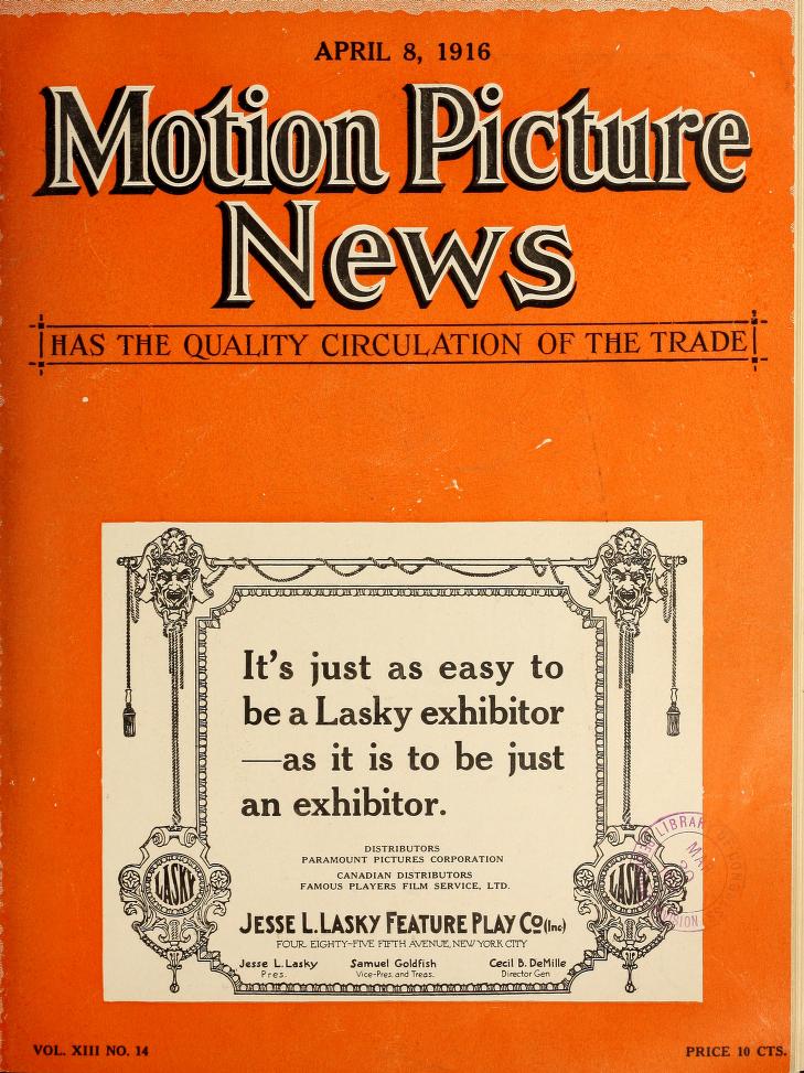 MOTION PICTURE NEWS magazine side cover 8 April 1916