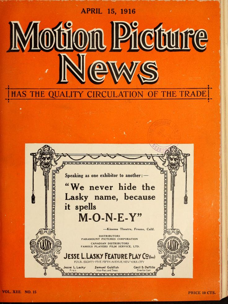 MOTION PICTURE NEWS magazine side cover 15 April 1916