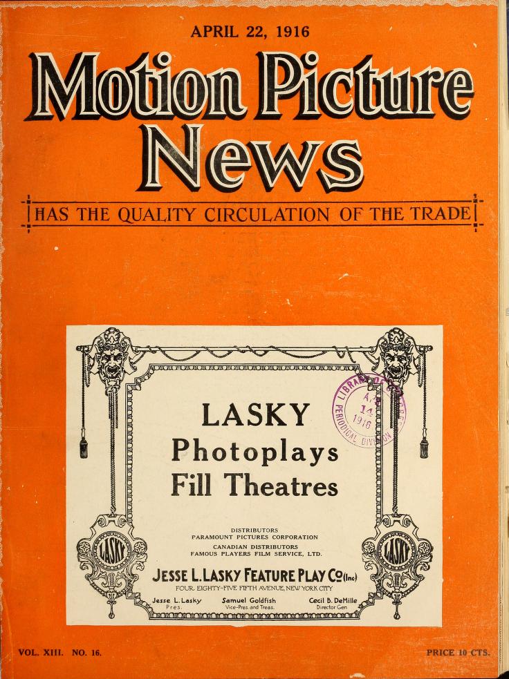 MOTION PICTURE NEWS magazine side cover 22 April 1916