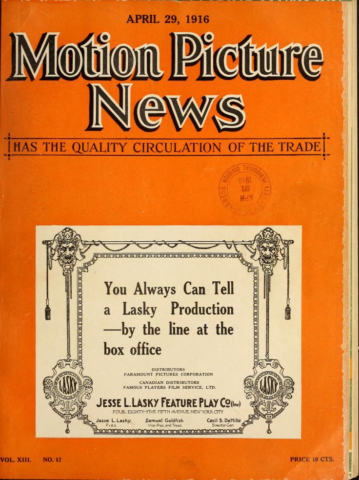 MOTION PICTURE NEWS magazine side cover 29 April 1916