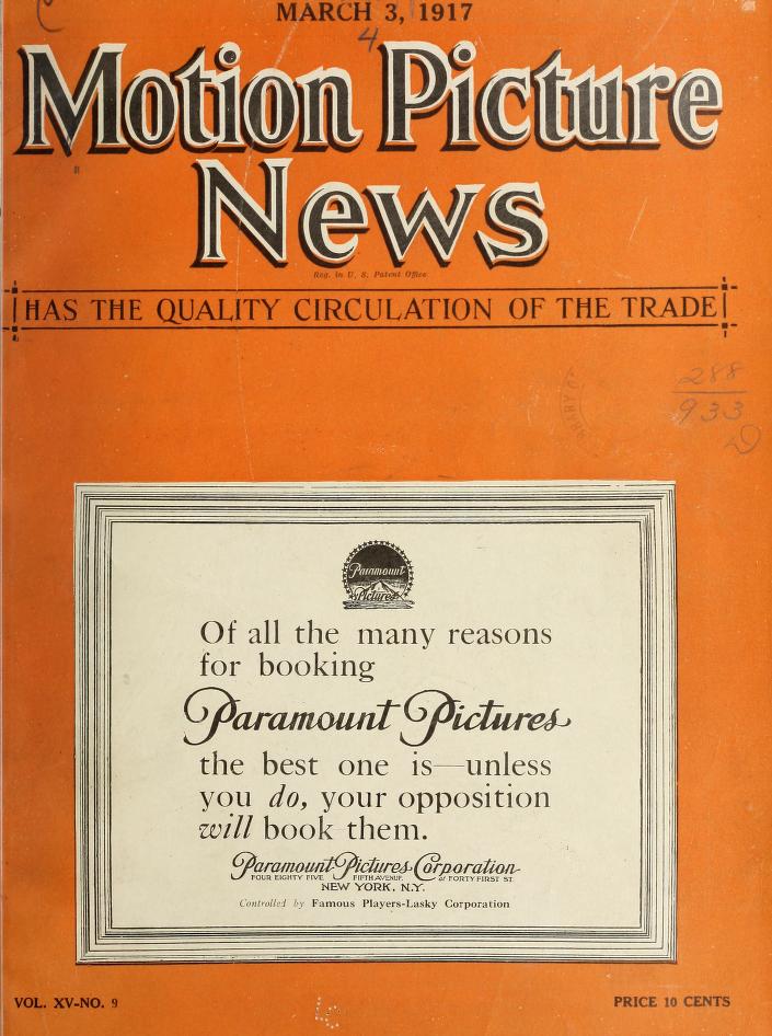 MOTION PICTURE NEWS magazine side cover 3 March 1917