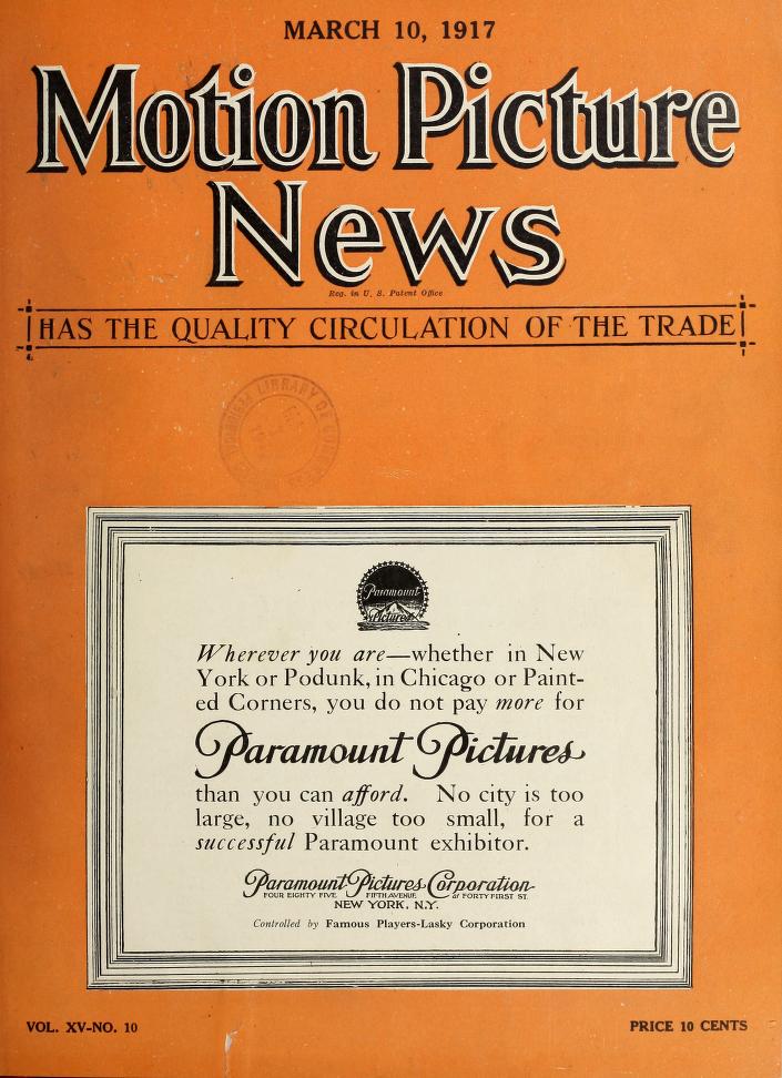 MOTION PICTURE NEWS magazine side cover 10 March 1917