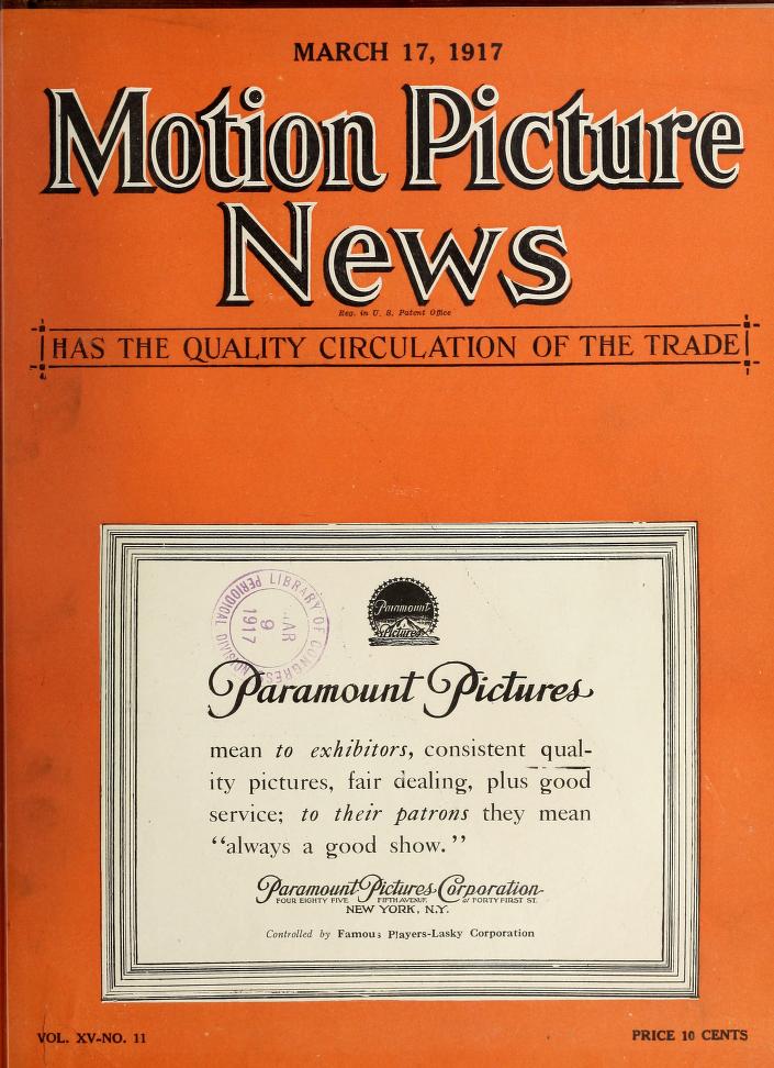 MOTION PICTURE NEWS magazine side cover 17 March 1917