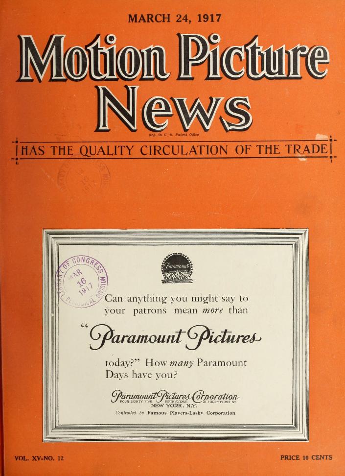 MOTION PICTURE NEWS magazine side cover 24 March 1917