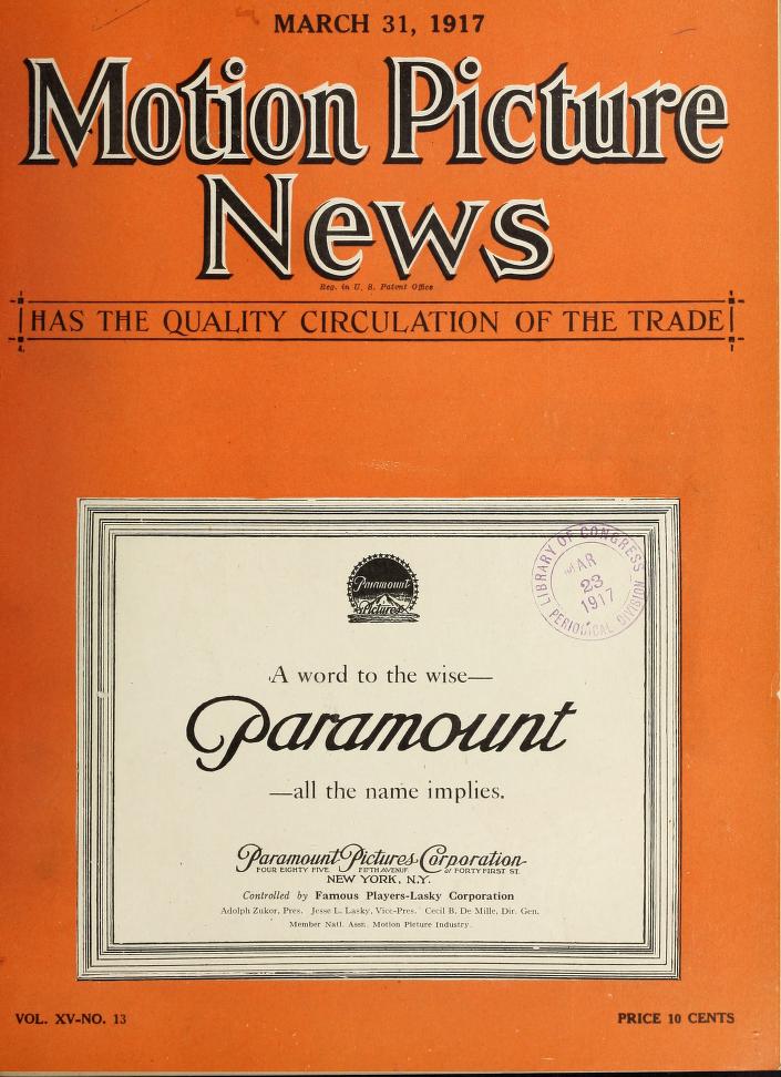 MOTION PICTURE NEWS magazine side cover 31 March 1917