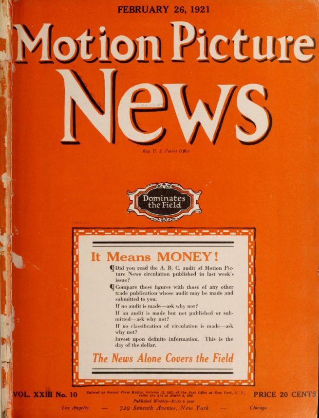 MOTION PICTURE NEWS magazine side cover 26 February 1921