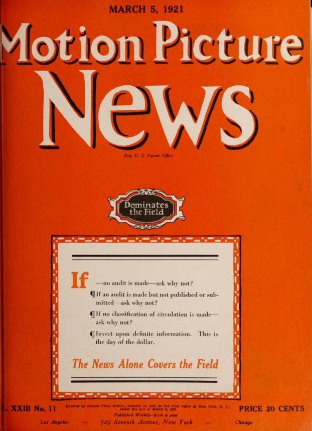 MOTION PICTURE NEWS magazine side cover 5 March 1921