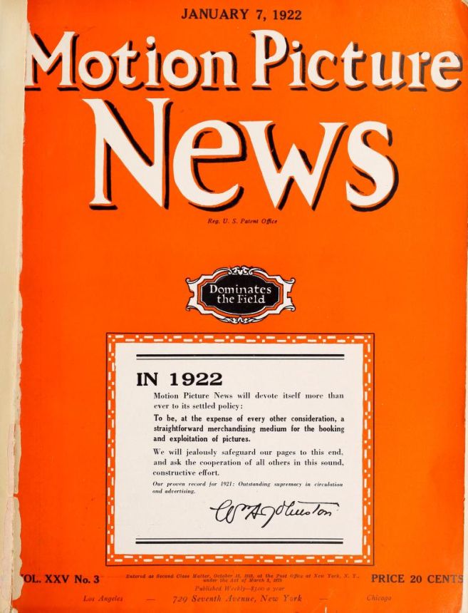 MOTION PICTURE NEWS magazine side cover 7 January 1922