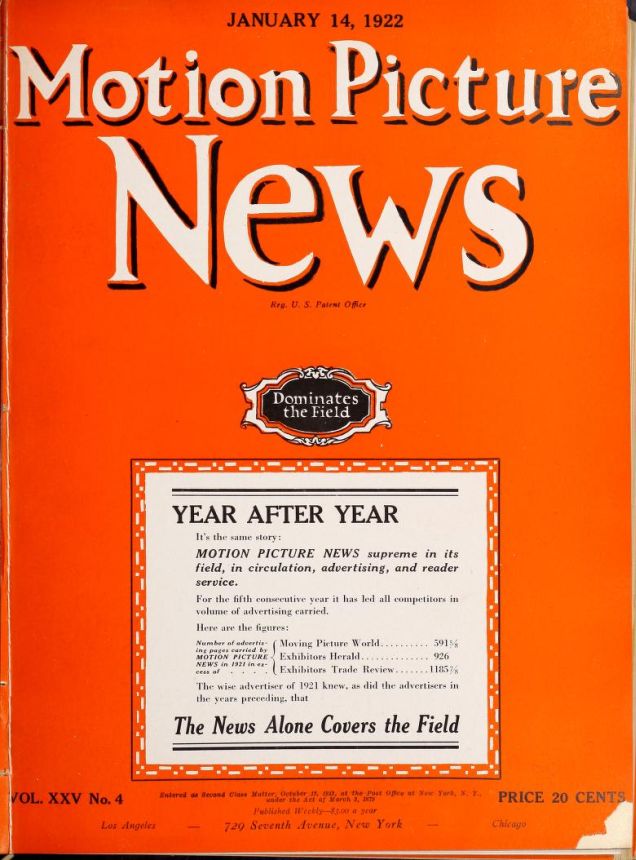 MOTION PICTURE NEWS magazine side cover 14 January 1922