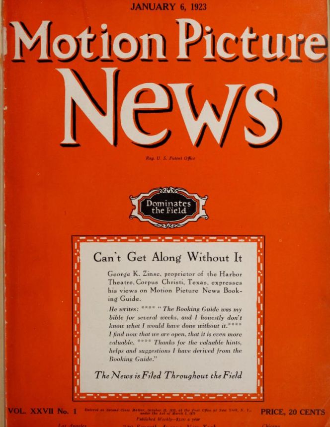 MOTION PICTURE NEWS magazine side cover 6 January 1923