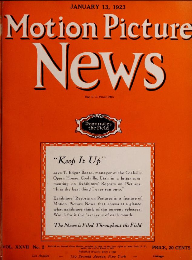 MOTION PICTURE NEWS magazine side cover 13 January 1923