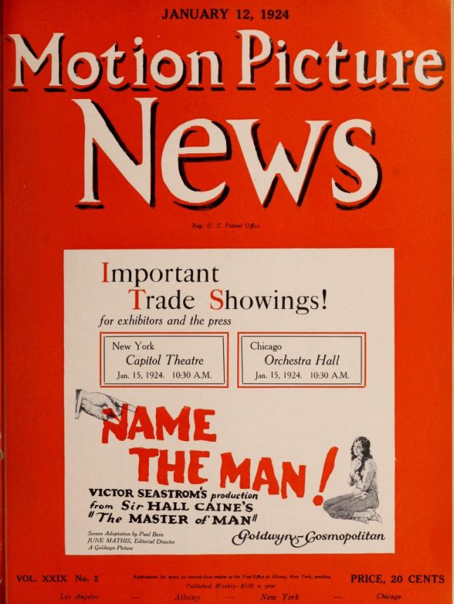 MOTION PICTURE NEWS magazine side cover 12 January 1924