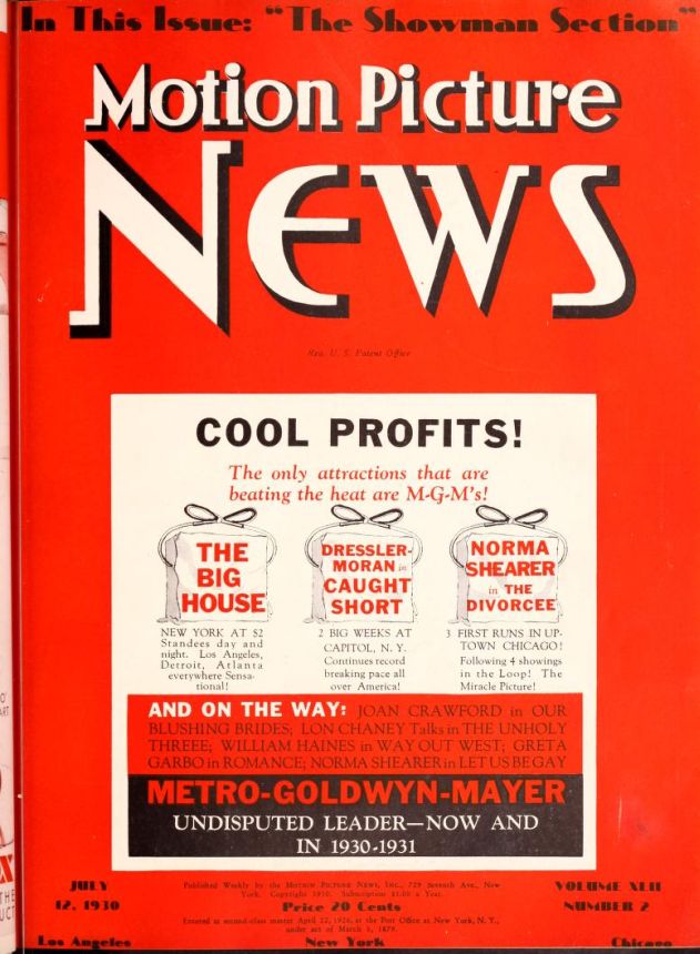 MOTION PICTURE NEWS magazine side cover 12 July 1930