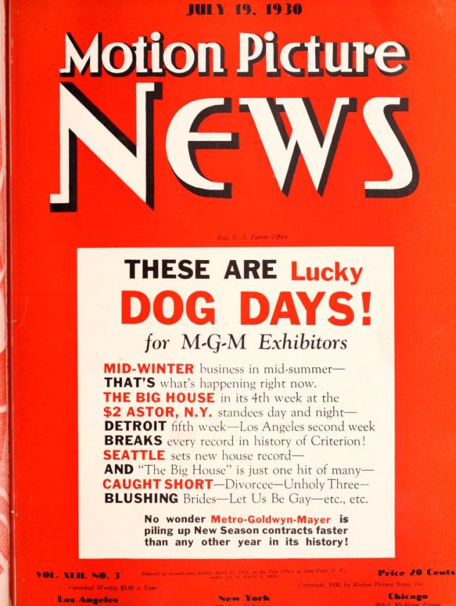MOTION PICTURE NEWS magazine side cover 19 July 1930