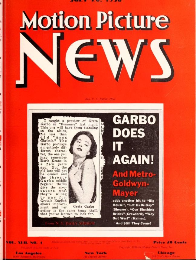 MOTION PICTURE NEWS magazine side cover 26 July 1930