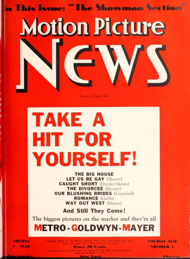 MOTION PICTURE NEWS magazine side cover 2 August 1930