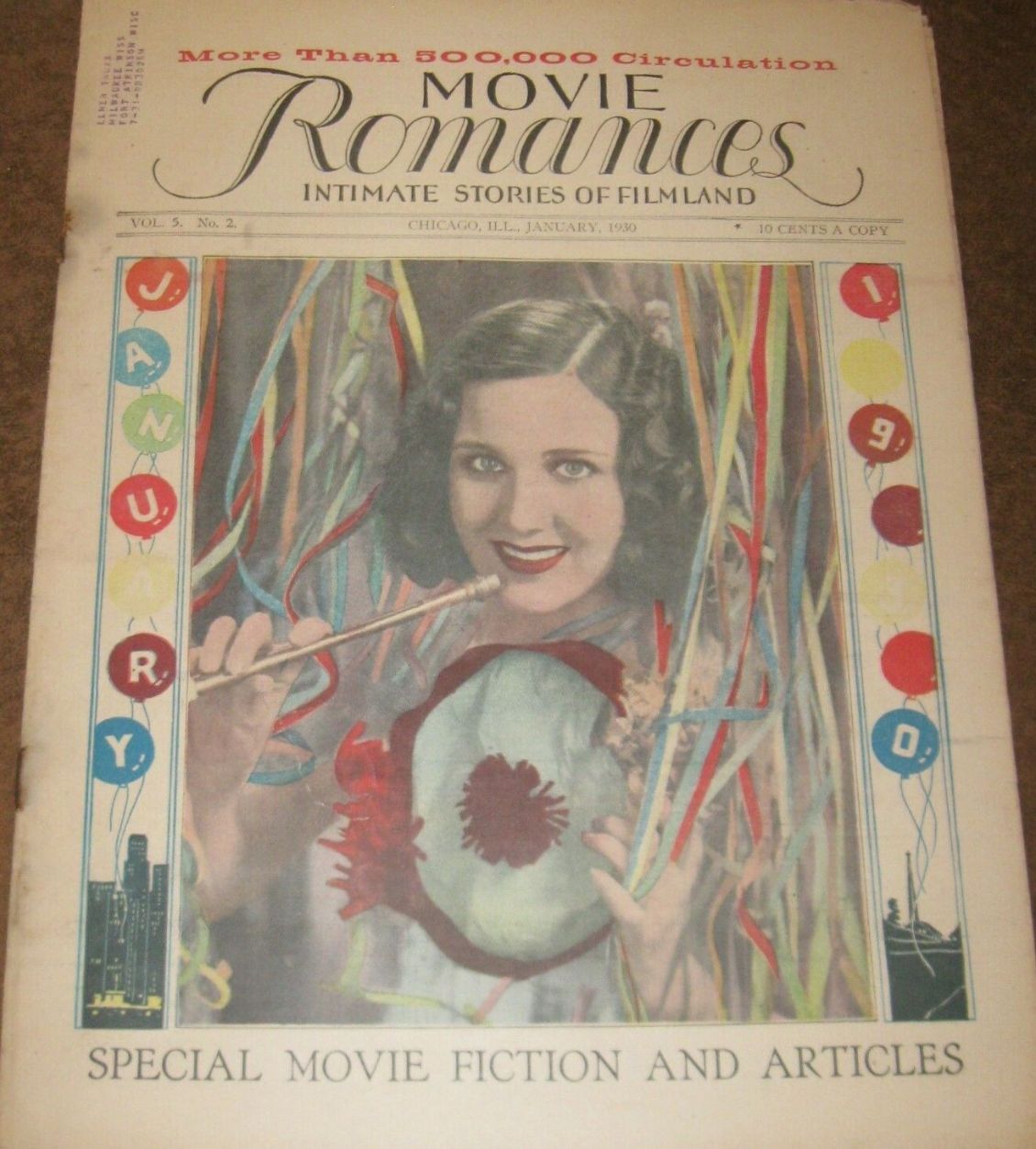 MOVIE ROMANCES magazine side cover  Vol 5 No  2  January 1930