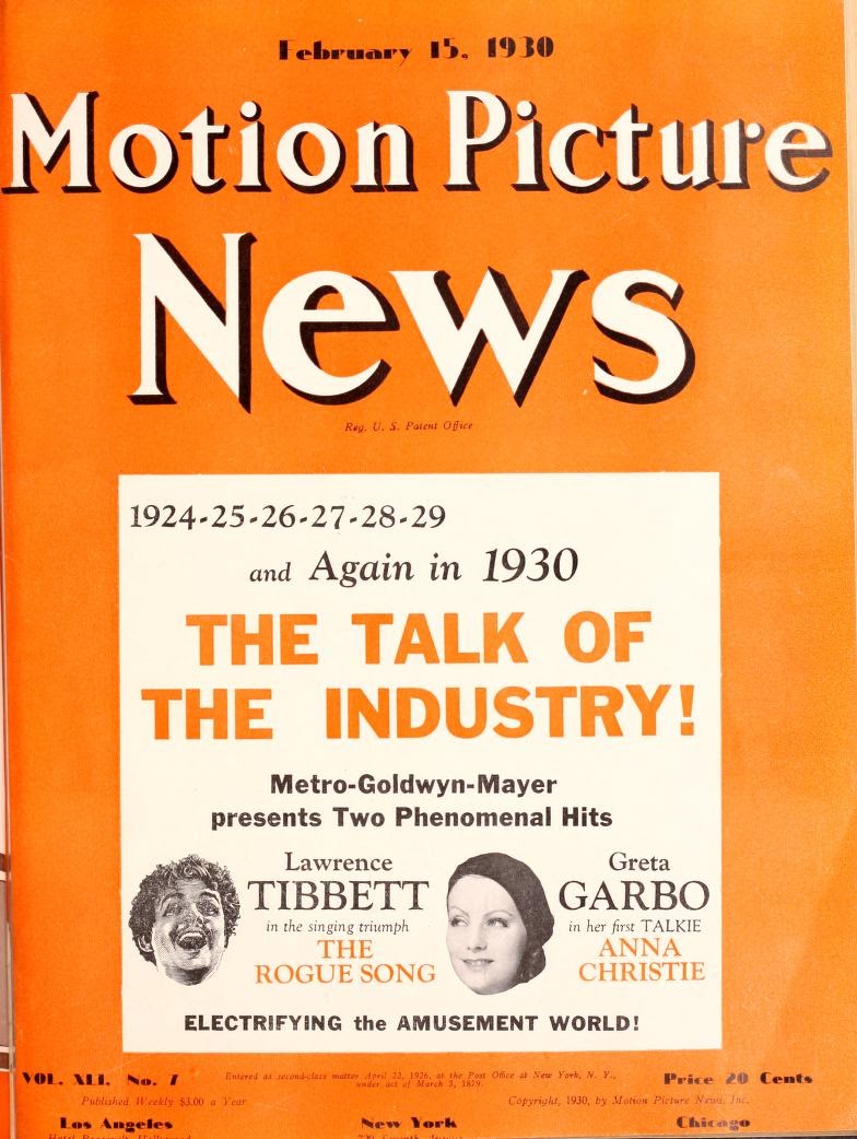 MOTION PICTURE NEWS magazine side cover 15 February 1930