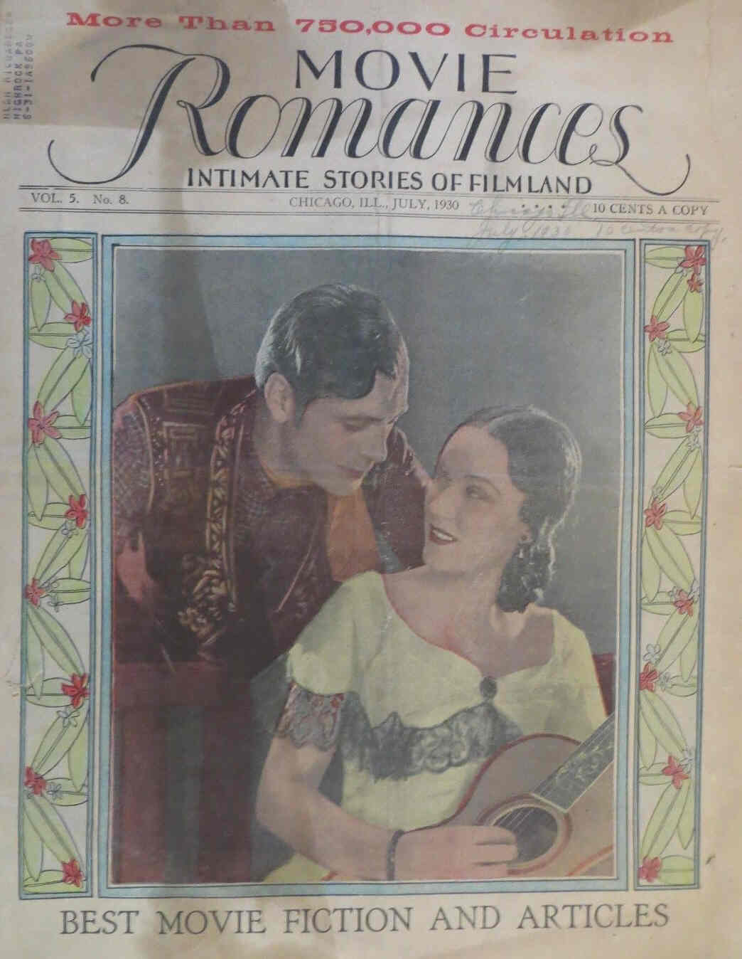MOVIE ROMANCES magazine side cover July 1930