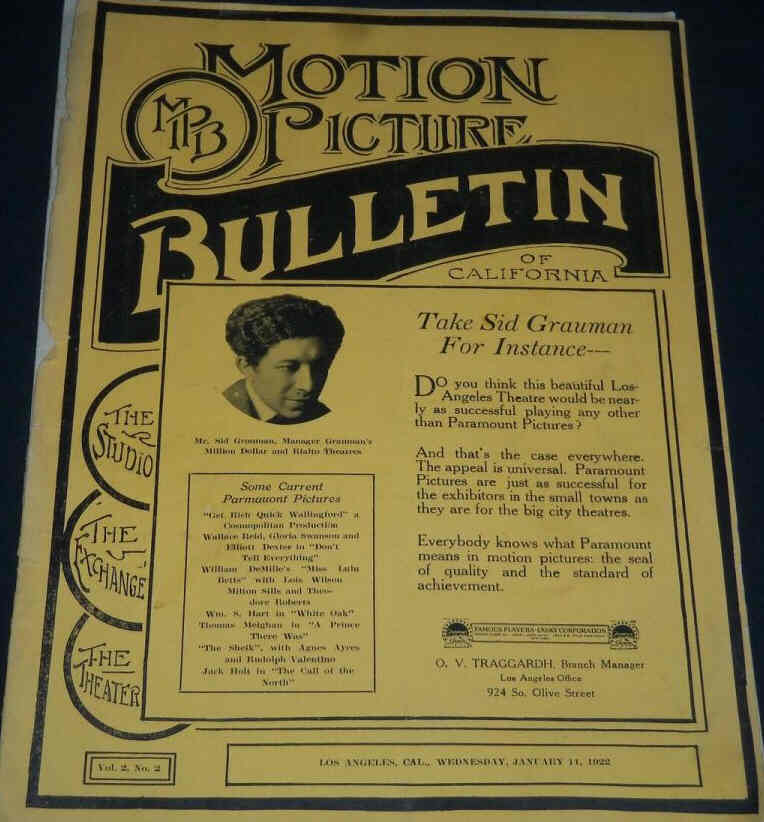 MOTION PICTURE BULLETIN magazine side cover 11 January 1922
