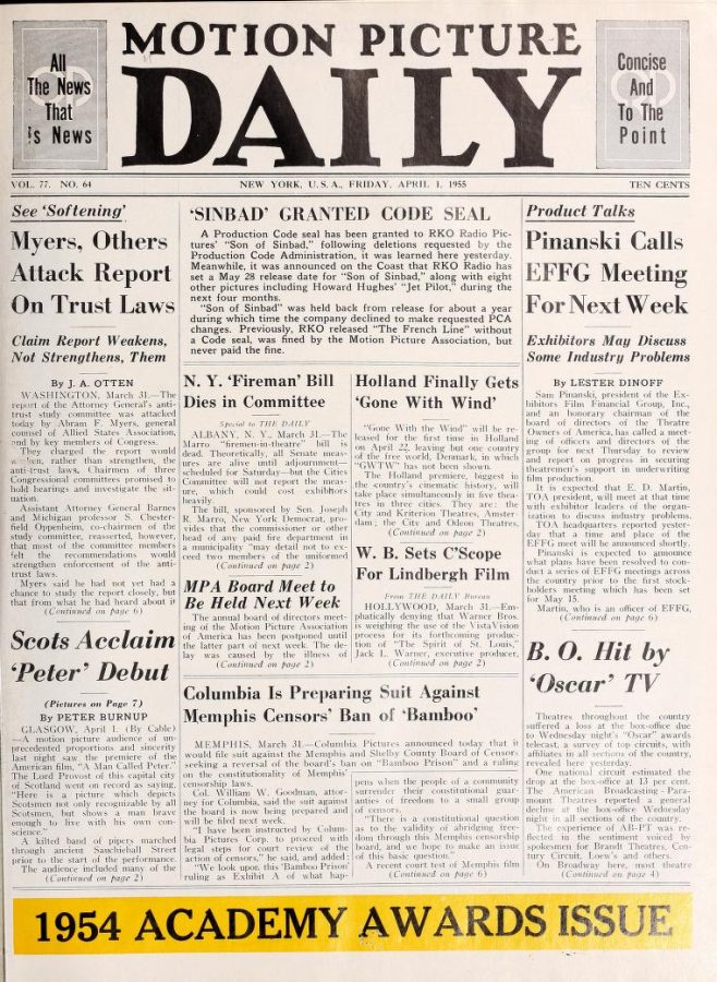 MOTION PICTURE DAILY magazine side cover 1 April 1955