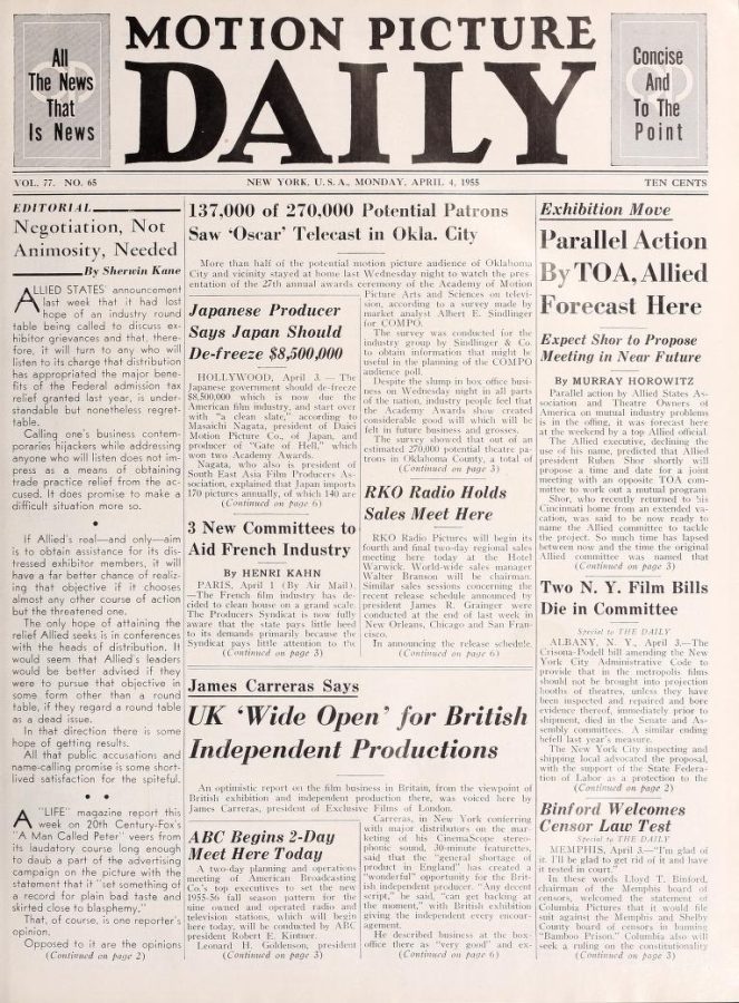 MOTION PICTURE DAILY magazine side cover 4 April 1955