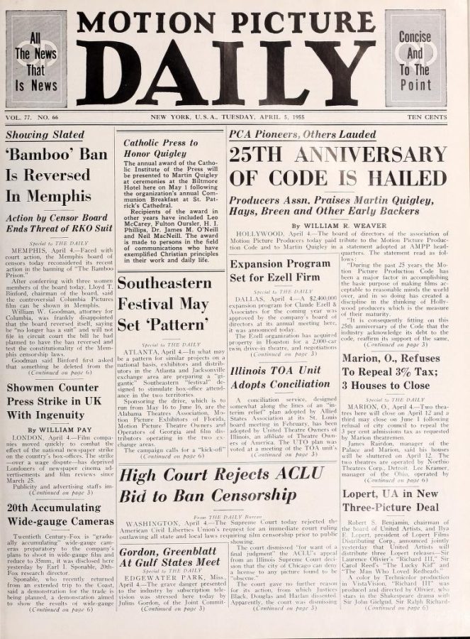 MOTION PICTURE DAILY magazine side cover 5 April 1955