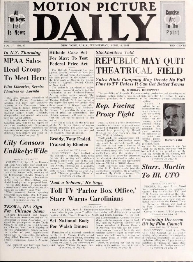 MOTION PICTURE DAILY magazine side cover 6 April 1955