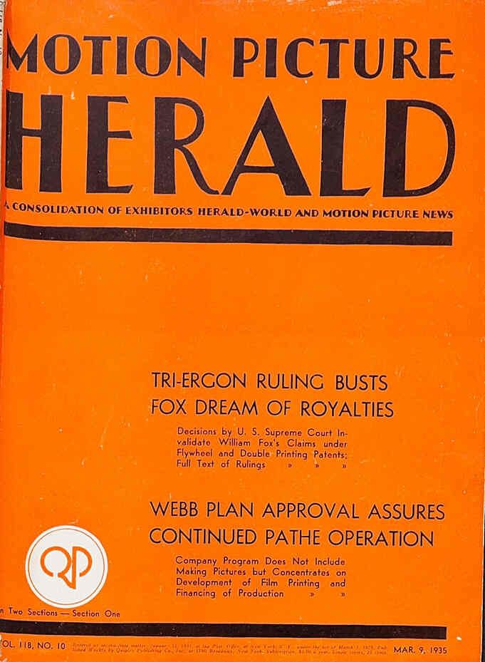MOTION PICTURE HERALD magazine cover 9 March 1935