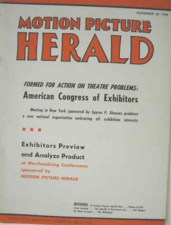 MOTION PICTURE HERALD magazine cover 22 November 1958
