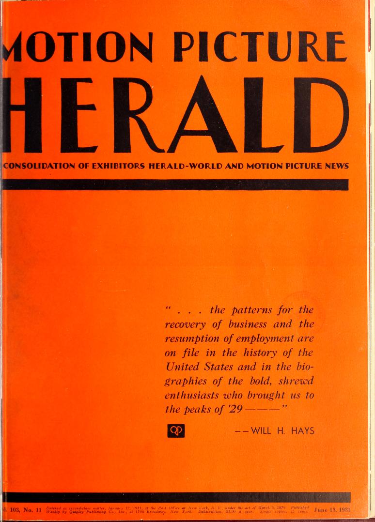 MOTION PICTURE HERALD magazine cover 13 June 1931
