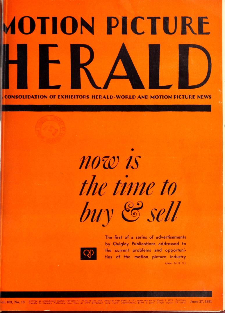 MOTION PICTURE HERALD magazine cover 27 June 1931