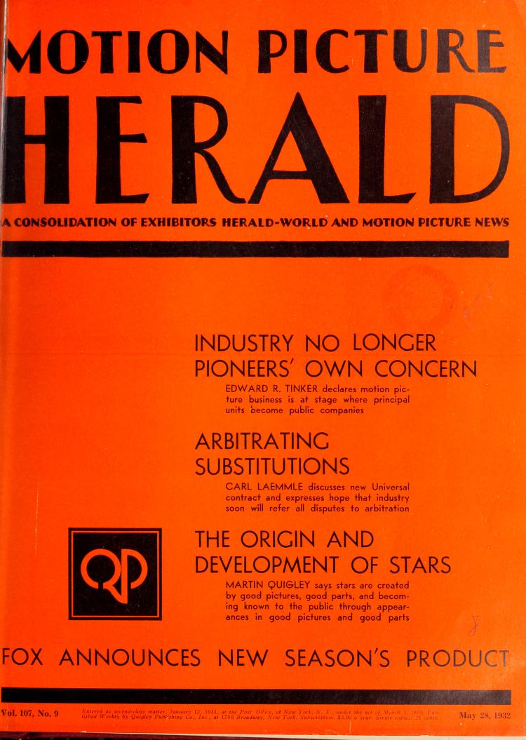 MOTION PICTURE HERALD magazine cover 28 May 1932