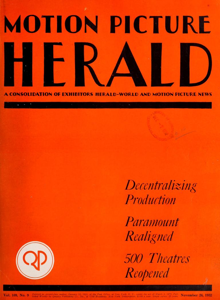 MOTION PICTURE HERALD magazine cover 26 November 1932