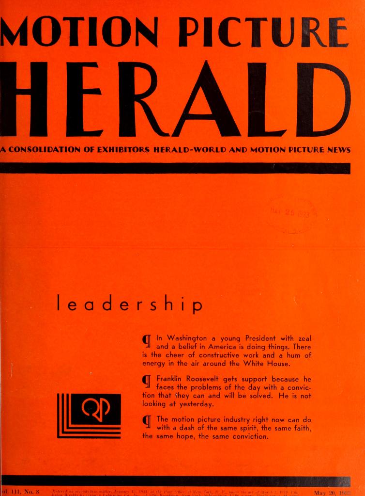 MOTION PICTURE HERALD magazine cover 20 May 1933