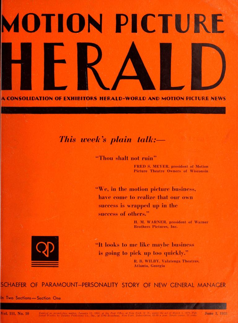 MOTION PICTURE HERALD magazine cover 3 June 1933