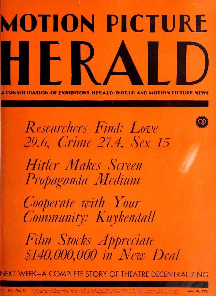 MOTION PICTURE HERALD magazine cover 10 June 1933
