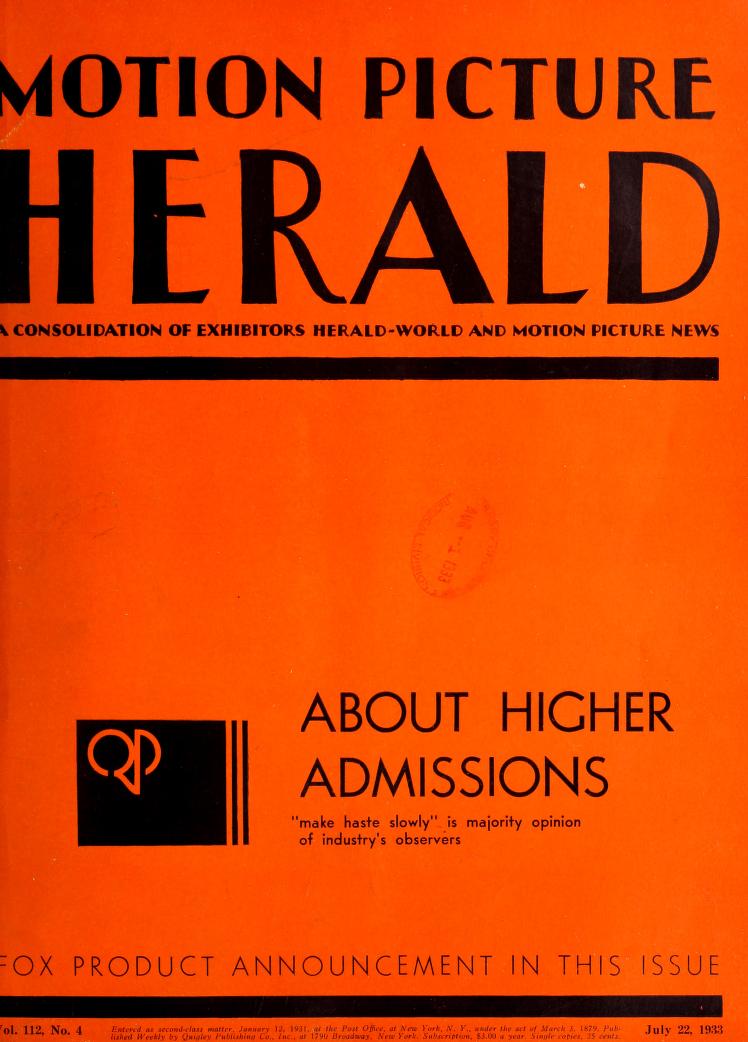 MOTION PICTURE HERALD magazine cover 22 July 1933