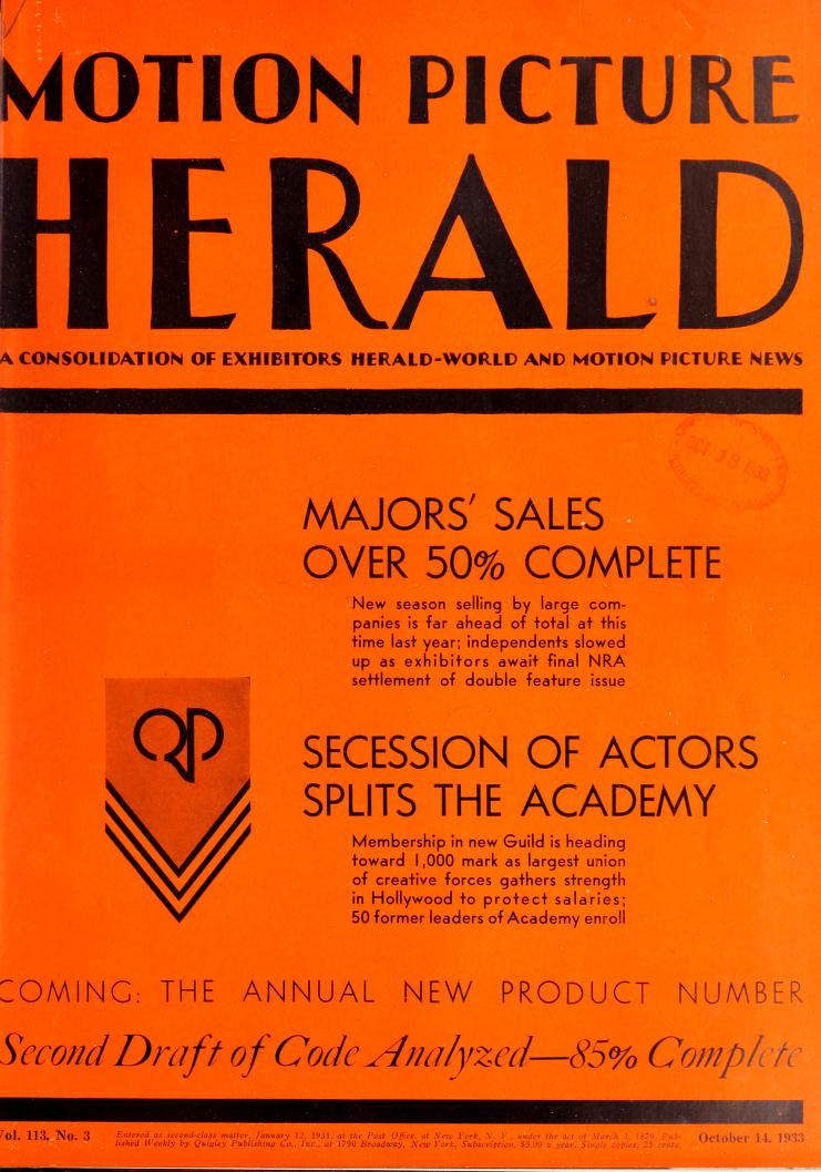 MOTION PICTURE HERALD magazine cover 14 October 1933