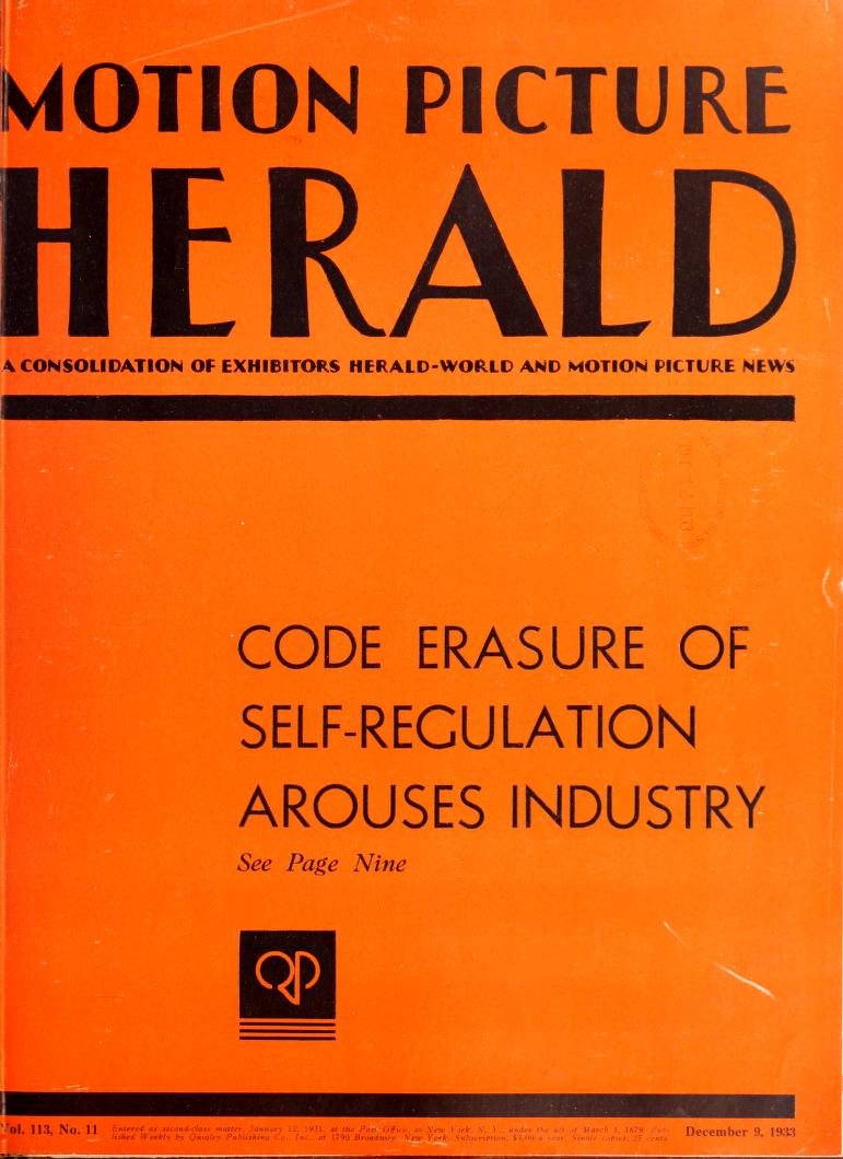 MOTION PICTURE HERALD magazine cover 9 December 1933